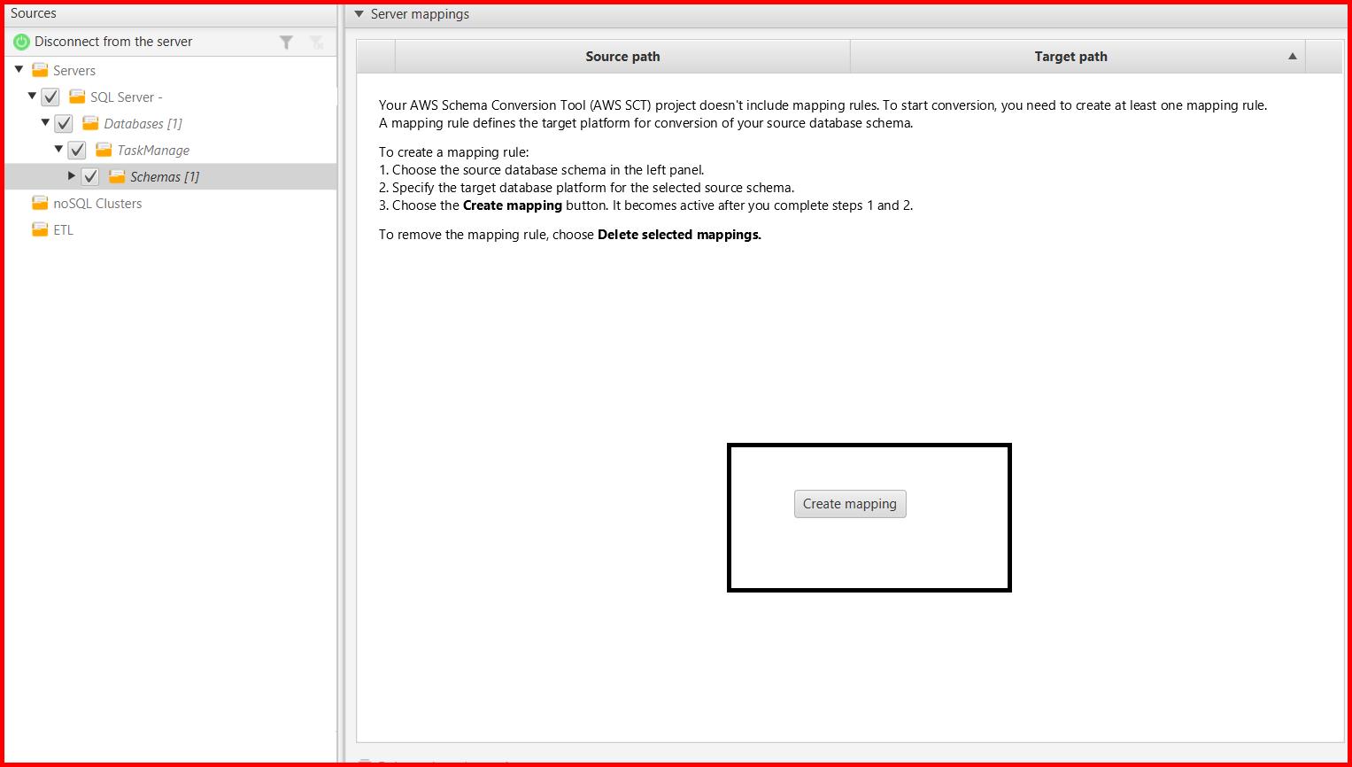 Picture showing the Create mapping option for creating a mapping button between the source and target database
